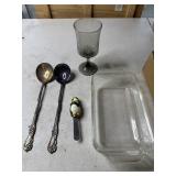 7 glasses large serving spoons fire king loaf pan