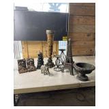 Bear bookends, lighthouse candle holder, Eiffel