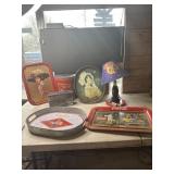 Coca Cola trays, trash can, diner tin and lamp
