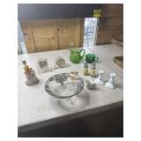 Silver overlayed footed grape bowl, clocks bell,