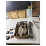 Military patches, vintage roller skates lights