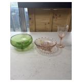 MCM green bowl and 2 pc pink depression glass