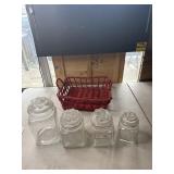 Glass canister set & red basket