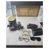 Toy motorcycle, tin of Pop tops, glasses & more