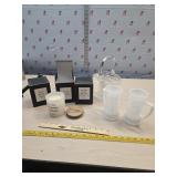 3 laLena  candles , glass basket and milk glass