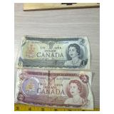 Canada 1 and 2 dollar bills