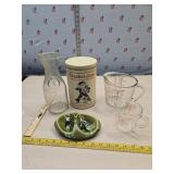 Glass measuring cups, Cracker Jack tin and more