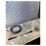 12 clear glass plates, decanter, fruit bowl,