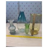 Crackle glass pitcher, 2 tall vases and small