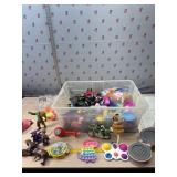 Lg tote of toys- kitchen stuff, pops itï¿½s,