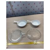 3 glass Pyrex lids and 2 cornflower Corningware