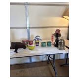 Table top wood wagon, Christmas tins, grinch mug,