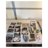 Vintage  Post cards, marbles Harmonica and more