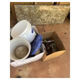 2 boxes of shop clean up  extension cords buckets