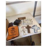 Crosses, wood trinket box, small bibles and a
