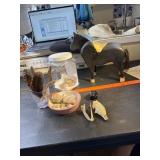 Wood horse Bank, feathers, crystals, skeleton and