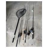 4 rods and reels and fishing net