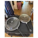 3 large skillets with glass lids