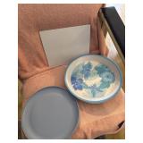 Serving platter, plastic plates. Cutting boards