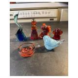 Glass figures, ashtray and paper weights