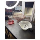 Small glass fountain- untested, wire basket, art