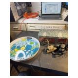 Tray, Tin Farm box, binoculars and Canon Power