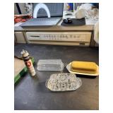 3 butter dishes, glass, plastic and ceramic and