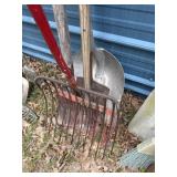 Pitch fork, 2 square shovels and scoop shovel