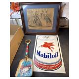 Vintage tin toy shovel, 1864 advertisement framed