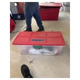 Tote with lid and Christmas lighted trees,