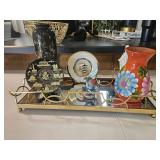 Mirrored tray collector saucers, vases and misc