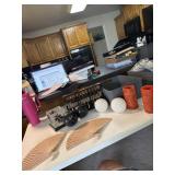 2 wood hand fans, decorative balls, candle
