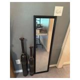 2 black metal vases and mirror  tallest is 38ï¿½