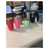 3 Yeti small cups, other travel mugs with lids &