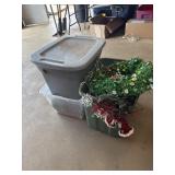Totes of Christmas lights and Decorations
