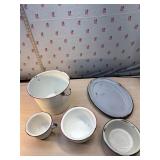 Granite ware bucket, platter 2 bowls and large
