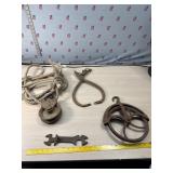 Vintage Pulley and rope, well pulley, ice tongs &