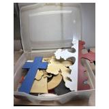 Tote of wooden cutouts and more