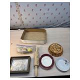 3 d wall art, copper jello mold, rolling pin and