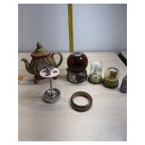 Teapot clock, 3 globes, bottle of sand. Tooth