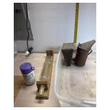 Thermos, glass rolling pin & holder, Bee smoker&