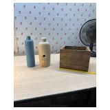 Vintage Stoneware bed warmer, crock bottle & wood