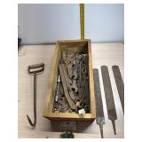 Wood box of Files, hay hook and other vintage