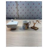 Milk glass candy dish, Avon coffee cup and bird