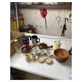 4 vintage butter oat dishes, wood salad bowls,