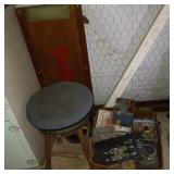 Stool, creeper and box of misc
