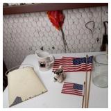 Sheep measuring pitcher, cow creamer, flags and