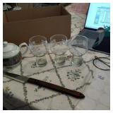 3 Pepsi Cola glasses, 2 tea pots and knife