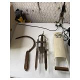 Hand Sythe, Gopher Trap, & can crusher