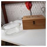 Pyrex casserole dishes, wood wi ne box